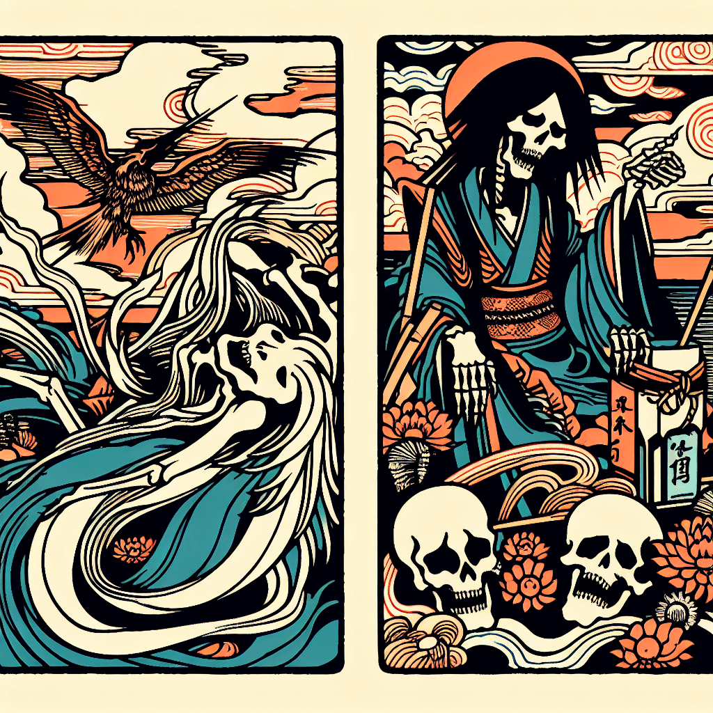 Create an image that represents the exploration and interpretation of the symbolism and meaning behind the Tarot's Death Card.