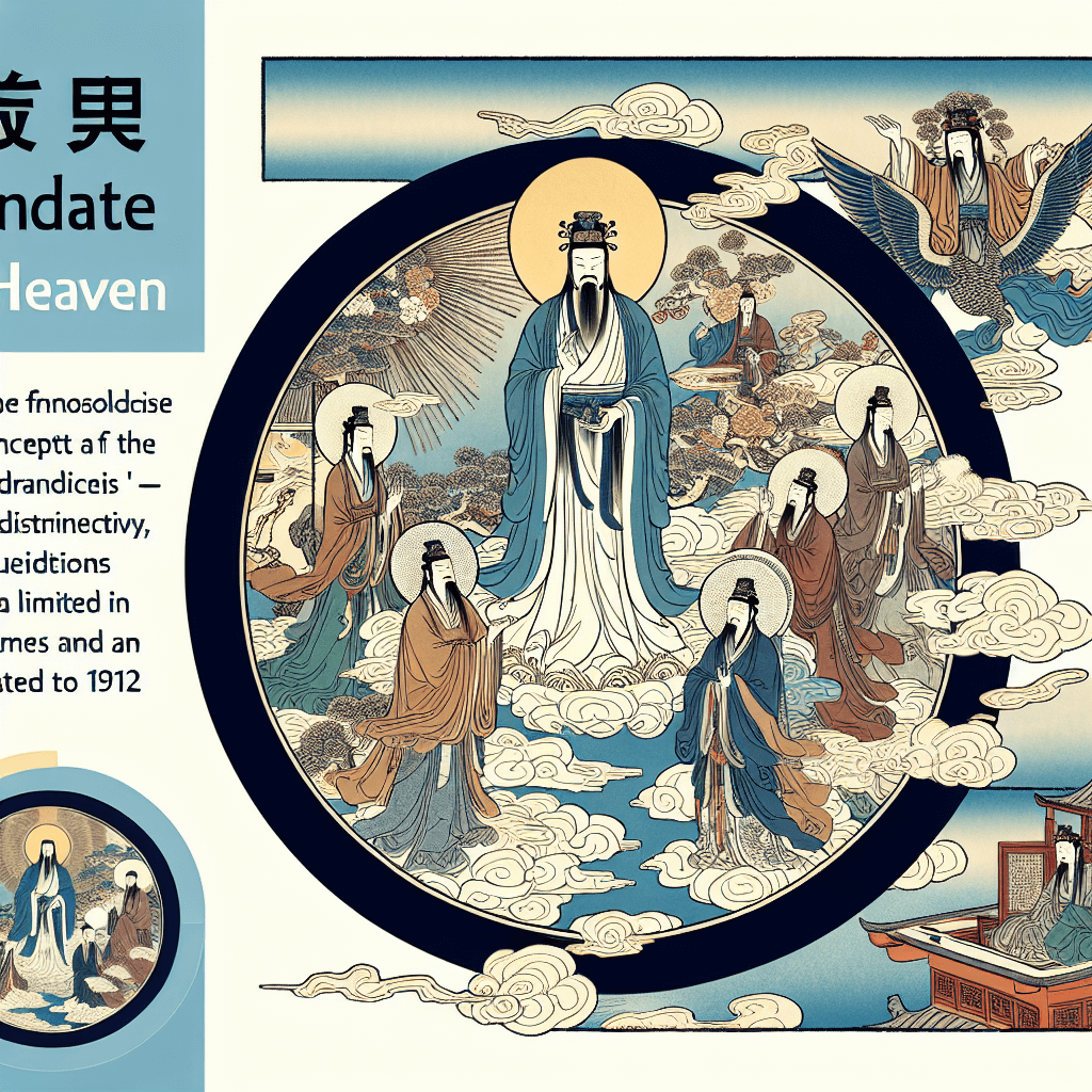 Create an image depicting the ancient Chinese concept of the Mandate of Heaven, illustrating its philosophical foundation and origin as a divine right to rule, symbolized by celestial elements and traditional Chinese motifs.