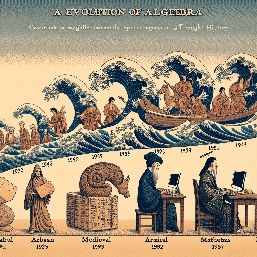 Create an image depicting the evolution and impact of algebra through history, illustrating its grand arc from ancient to modern times.