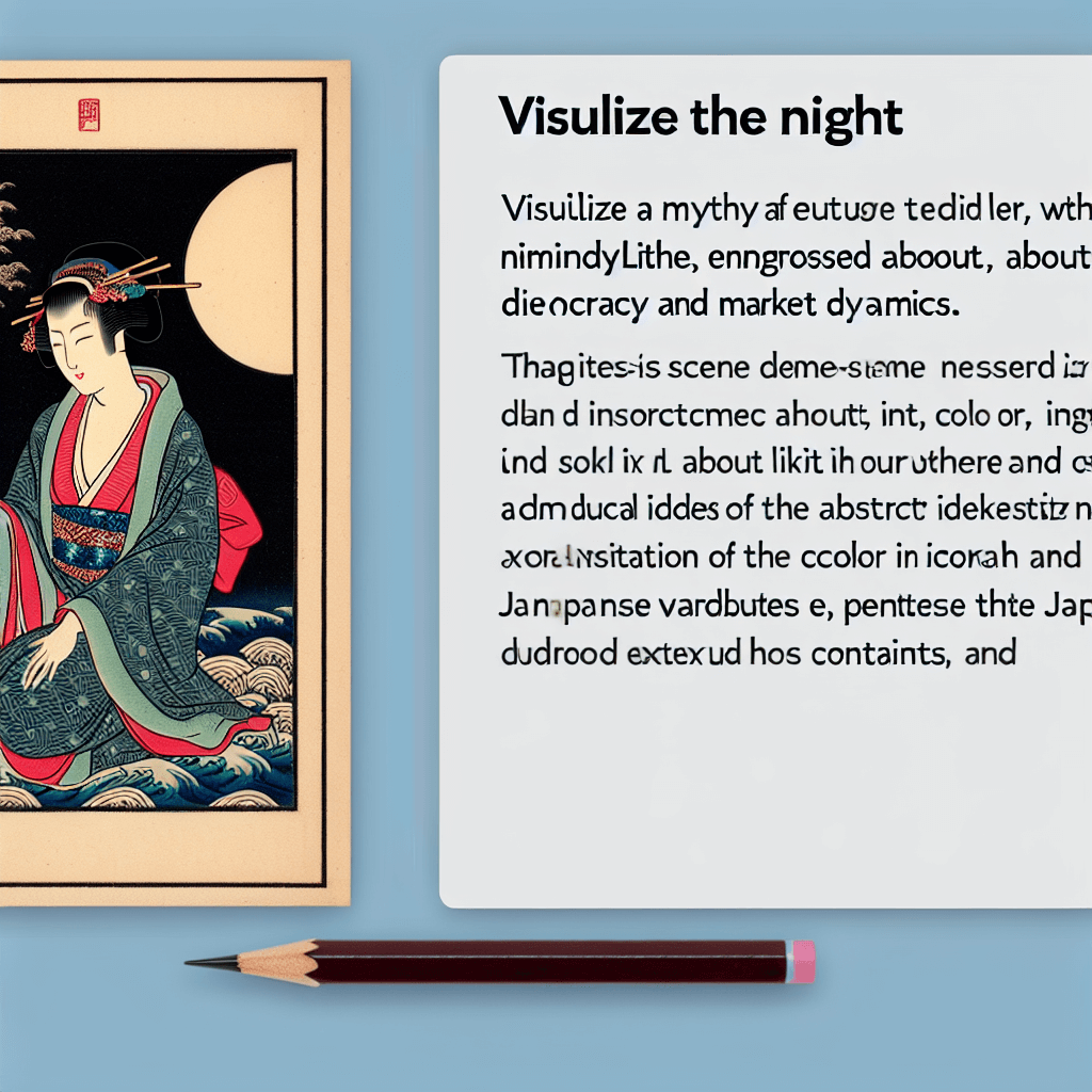 Create an image that represents a night with the mythical figure, Lilith, reflecting on the concepts of democracy and market dynamics.