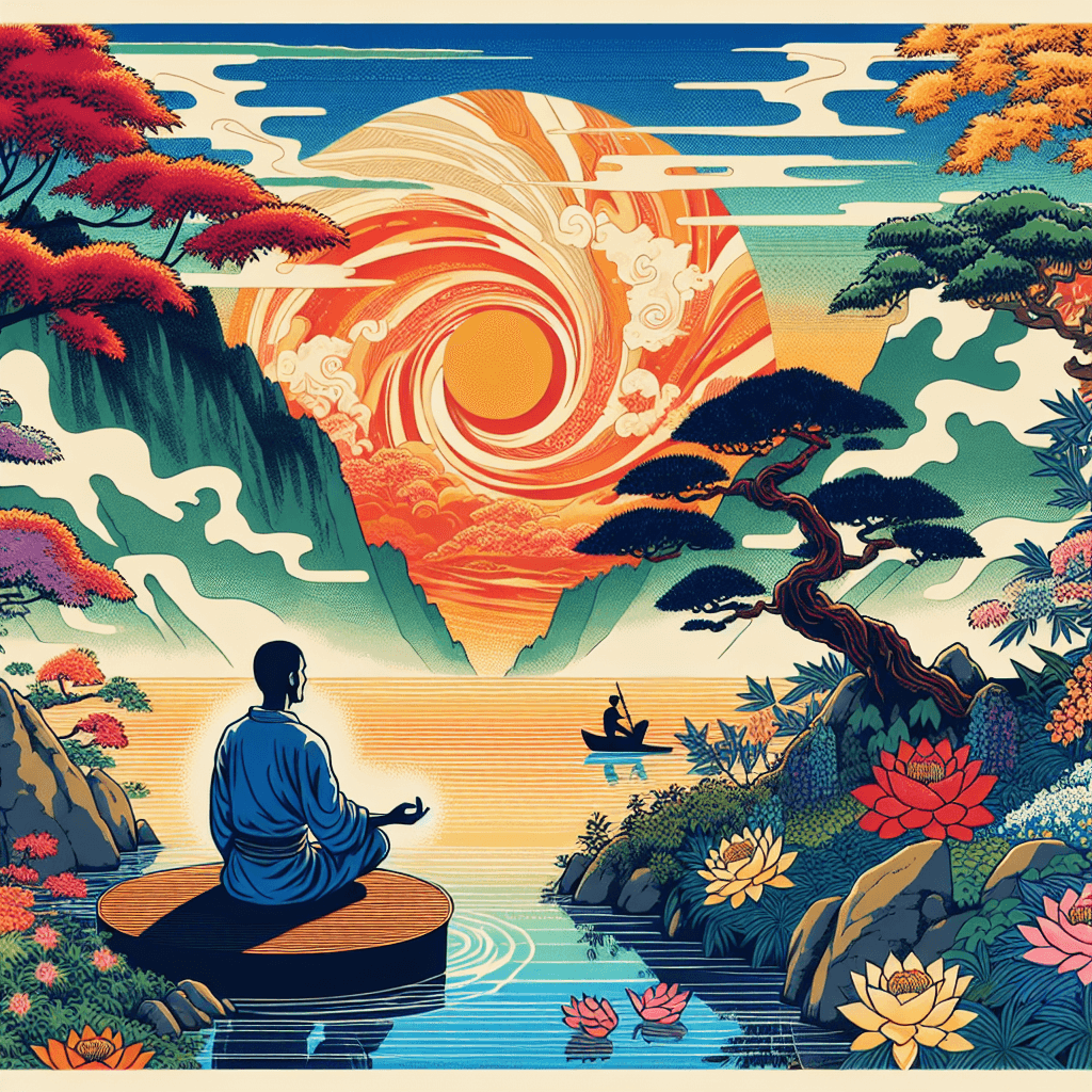 Create an image depicting a person experiencing a moment of renewed gratitude and purpose, symbolized by a serene landscape with vibrant colors, where the individual stands at the center, surrounded by elements that represent growth and clarity.