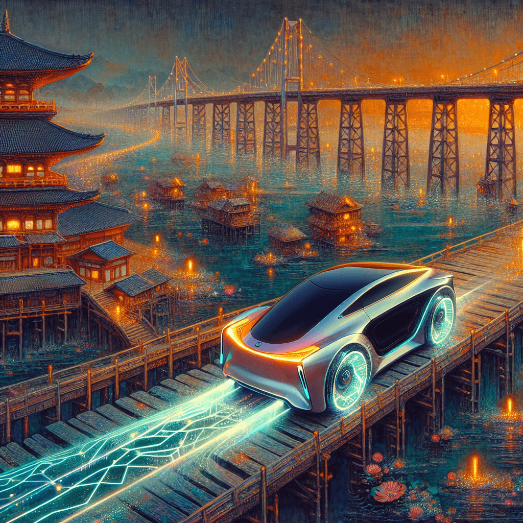 Create an image depicting a futuristic AI-powered car driving across a bridge connecting islands in Bahrain, with a luminous glow highlighting its advanced technology.