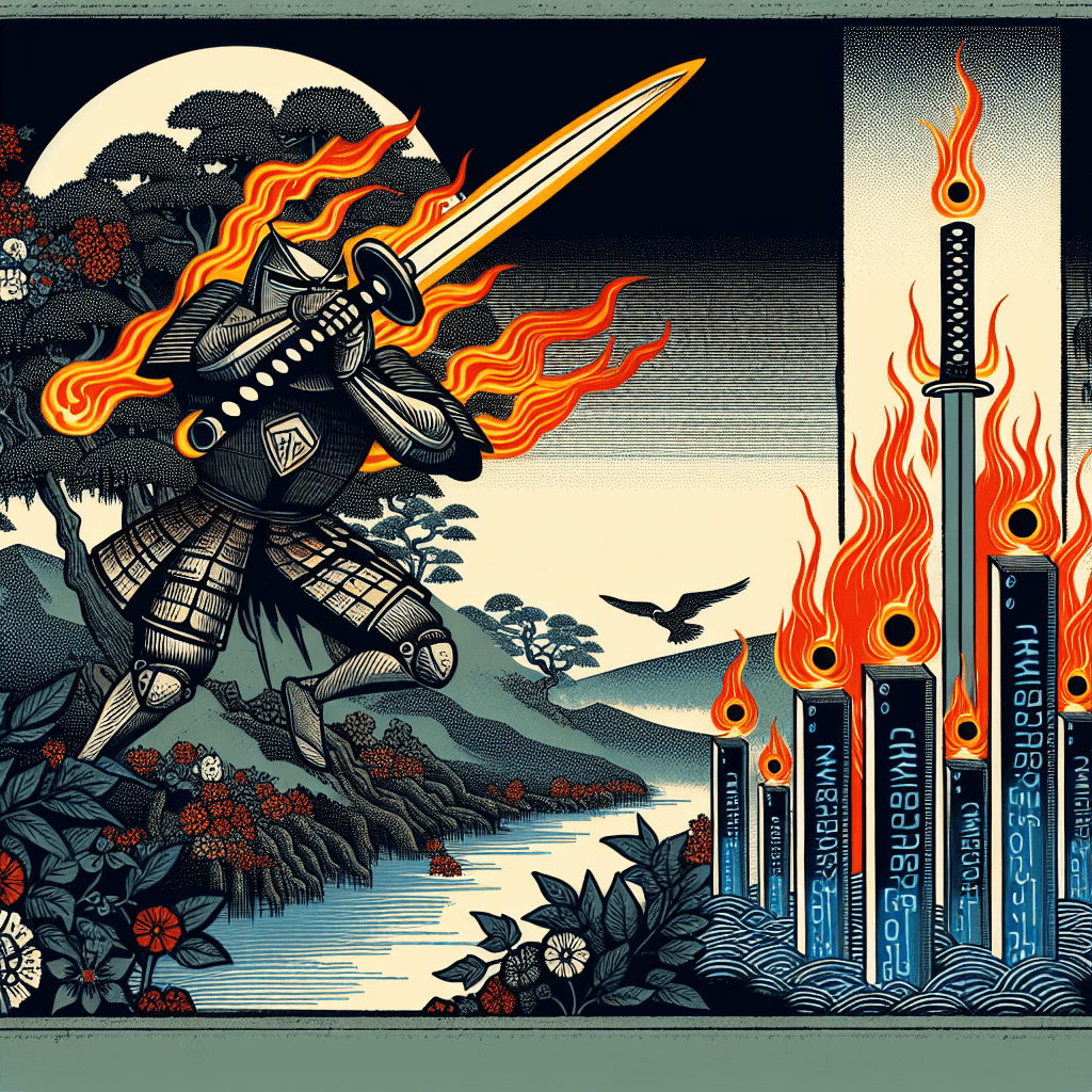 Create an image depicting a flaming sword and digital guardians, symbolizing cybersecurity in a modern, Eden-like setting.