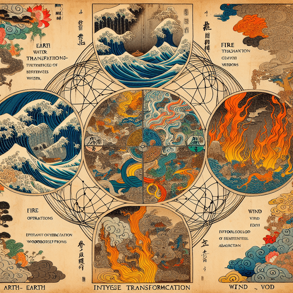 Create an image that explores the fundamental concepts of Category Theory, using metaphors inspired by the five elements of Godai (earth, water, fire, wind, and void) to illustrate abstract mathematical ideas.