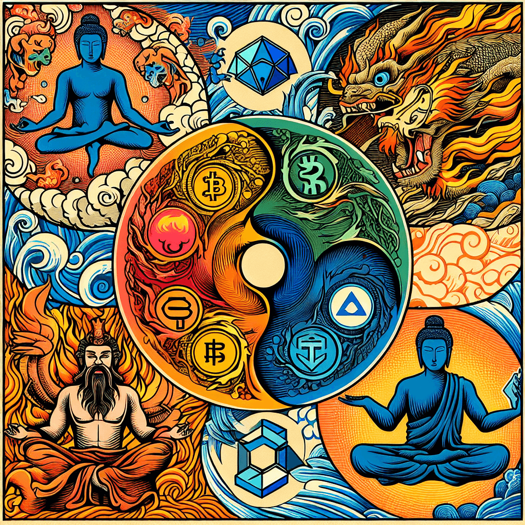 Create an image blending the five Godai elements (earth, water, fire, wind, void) with symbols of cryptocurrency, illustrating the fusion of ancient philosophy and modern digital finance.