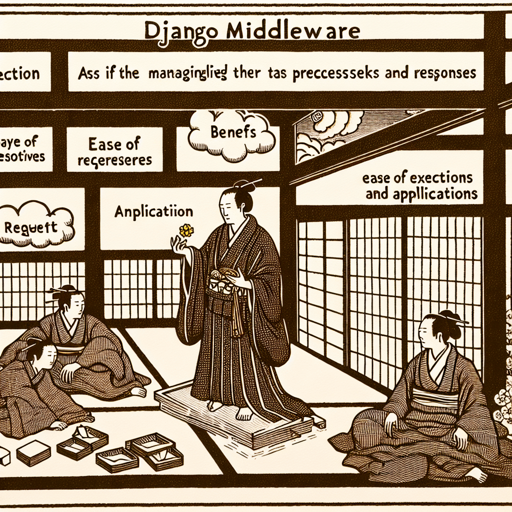 Create an image depicting the concept of Django Middleware, highlighting its functions, benefits, and applications.