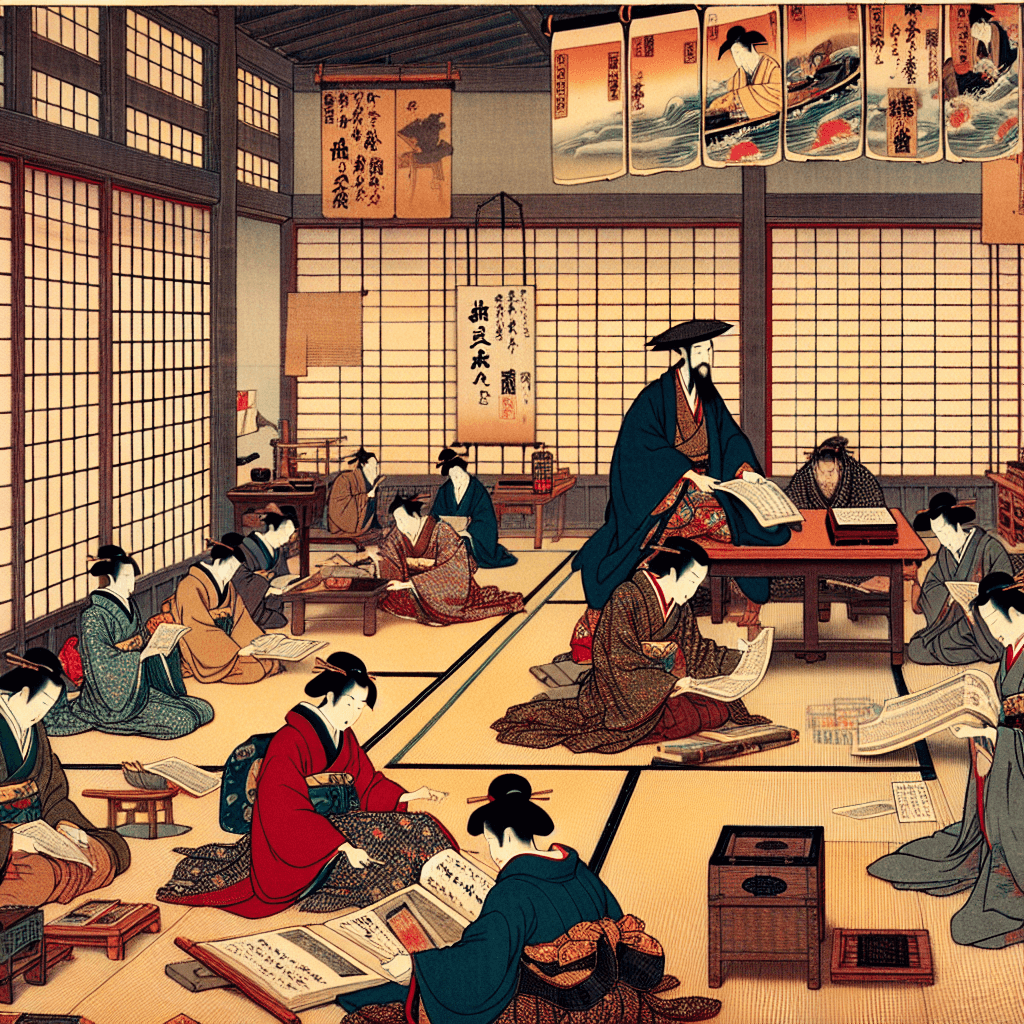 Create an image depicting the increase in literacy during the Edo period in Japan.