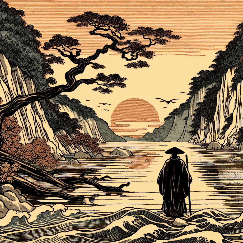 Create an image of a traveler standing at the edge of a river, gazing at the distant shore with a sense of anticipation and readiness, symbolizing the final steps before completing a significant journey.