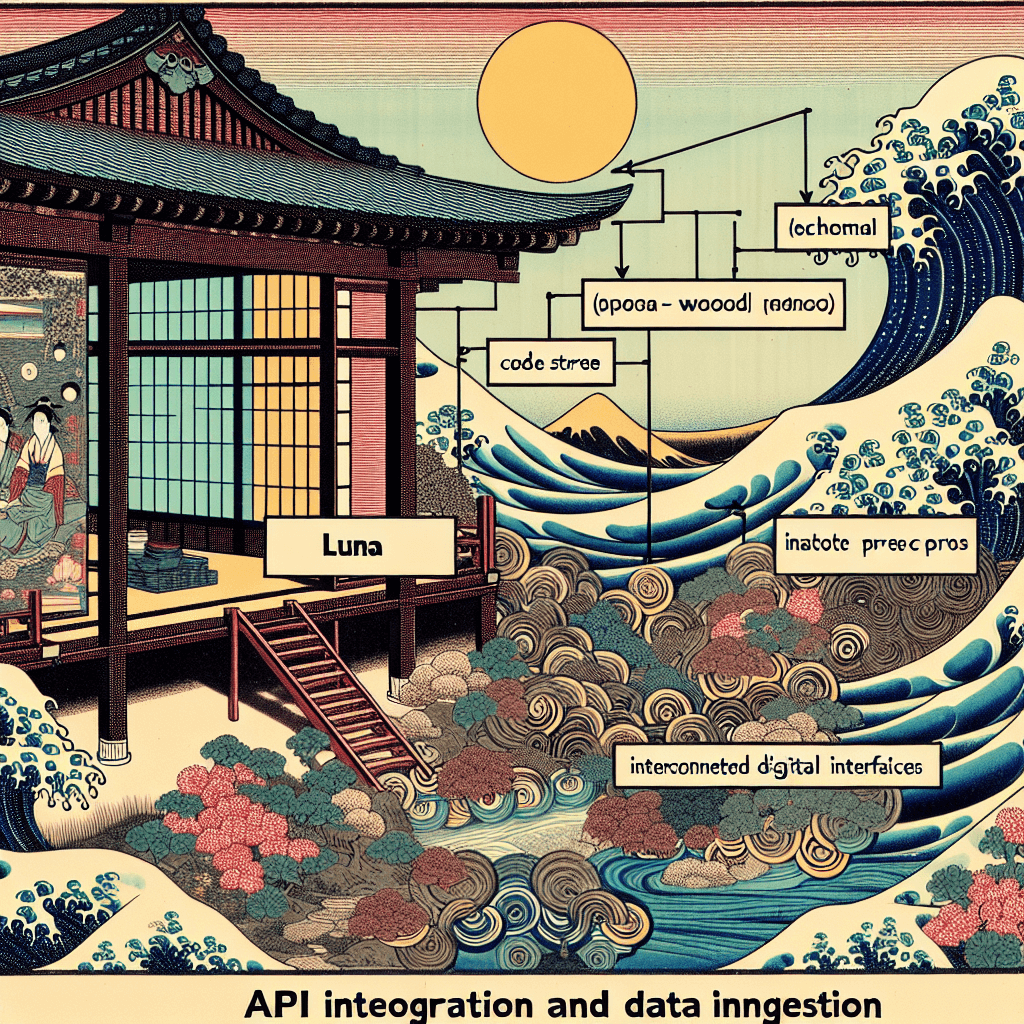 Create an image depicting the technical process of API integration and data ingestion for the Luna App, featuring elements like code snippets, data streams, and interconnected digital interfaces.