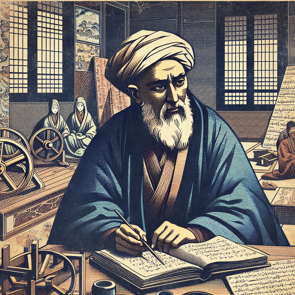 Create an image of Al-Khwarizmi, the pioneering mathematician known as the Grand Ancestor of Modern Computation, depicted in a historical setting surrounded by ancient mathematical tools and manuscripts, symbolizing his contributions to algebra and algorithms.