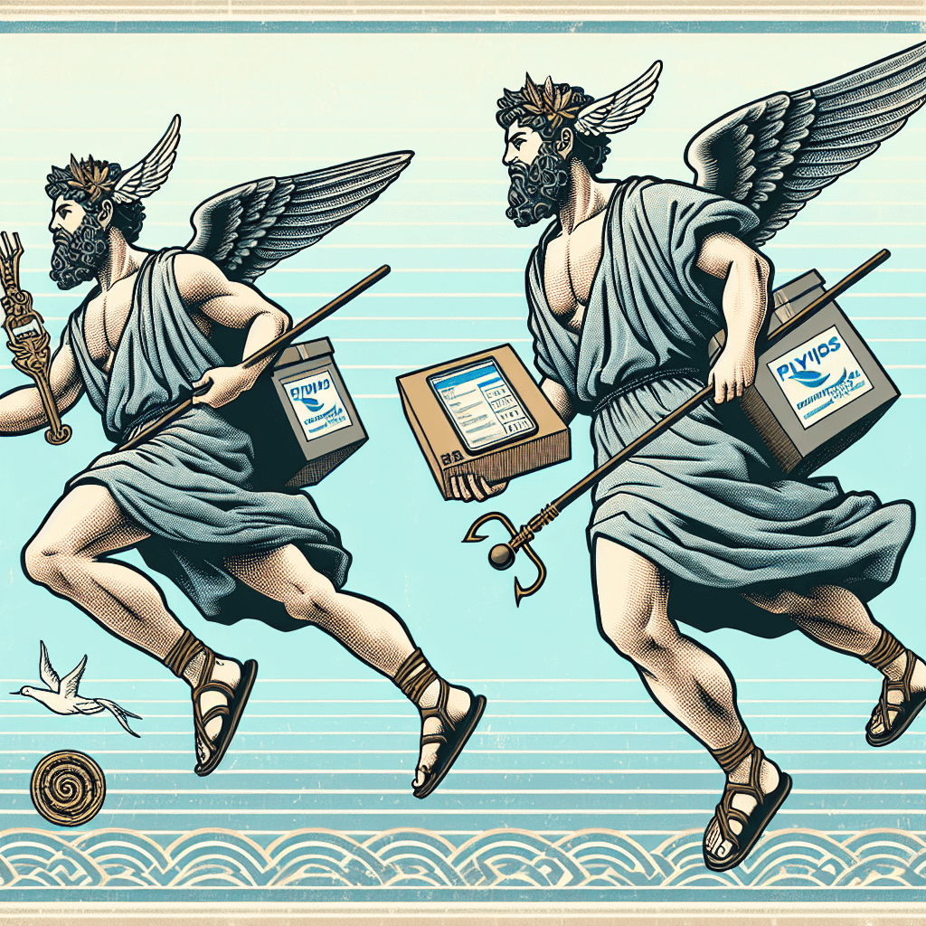 Create an image depicting Hermes, the Messenger of the Gods, working for a modern parcel delivery company.