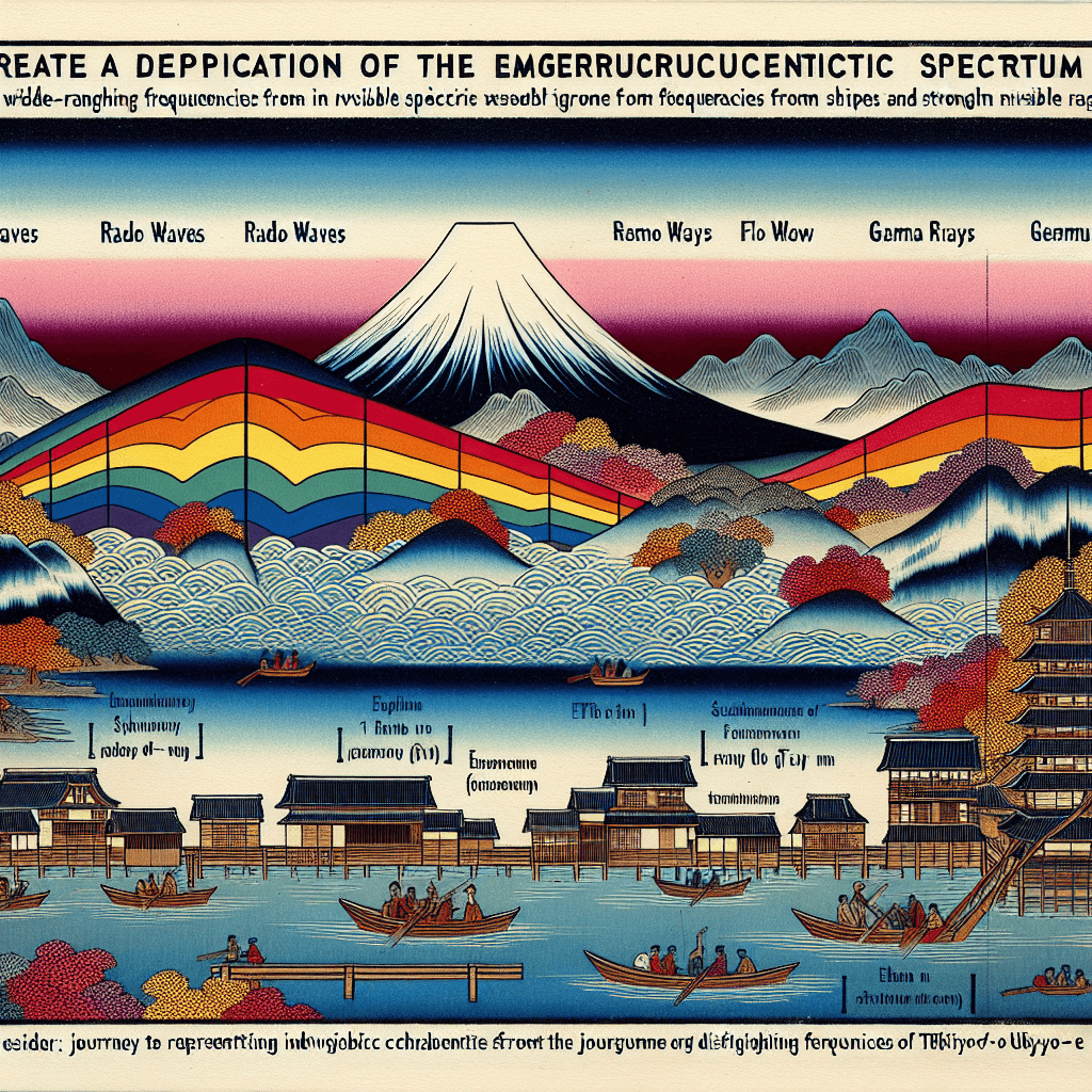 Create an image depicting the electromagnetic spectrum, highlighting the range from radio waves to gamma rays, and illustrating their invisible nature through a journey-like visual narrative.