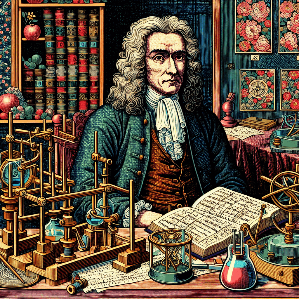 Create an image of Isaac Newton in an 18th-century study, surrounded by alchemical tools and mathematical instruments, blending the mystical and scientific aspects of his work.