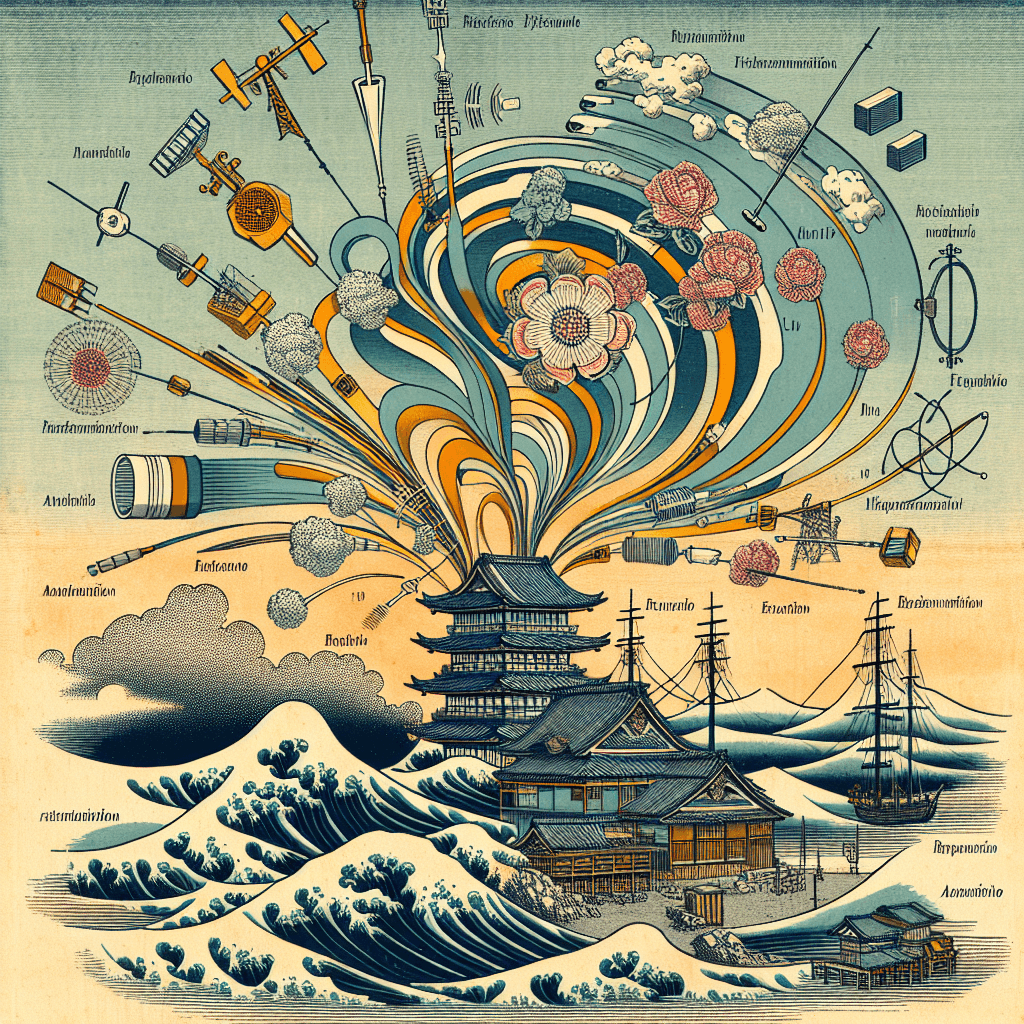 Create an image depicting the scientific principles of radio waves, illustrating their generation, transmission through space, interaction with various media, and reception by antennas.