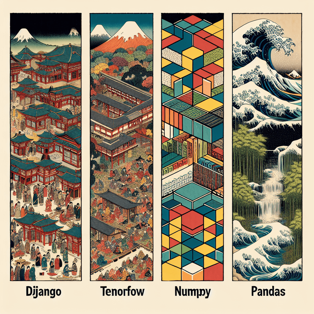 Create an image illustrating a comparative analysis between Django, TensorFlow, NumPy, and Pandas.