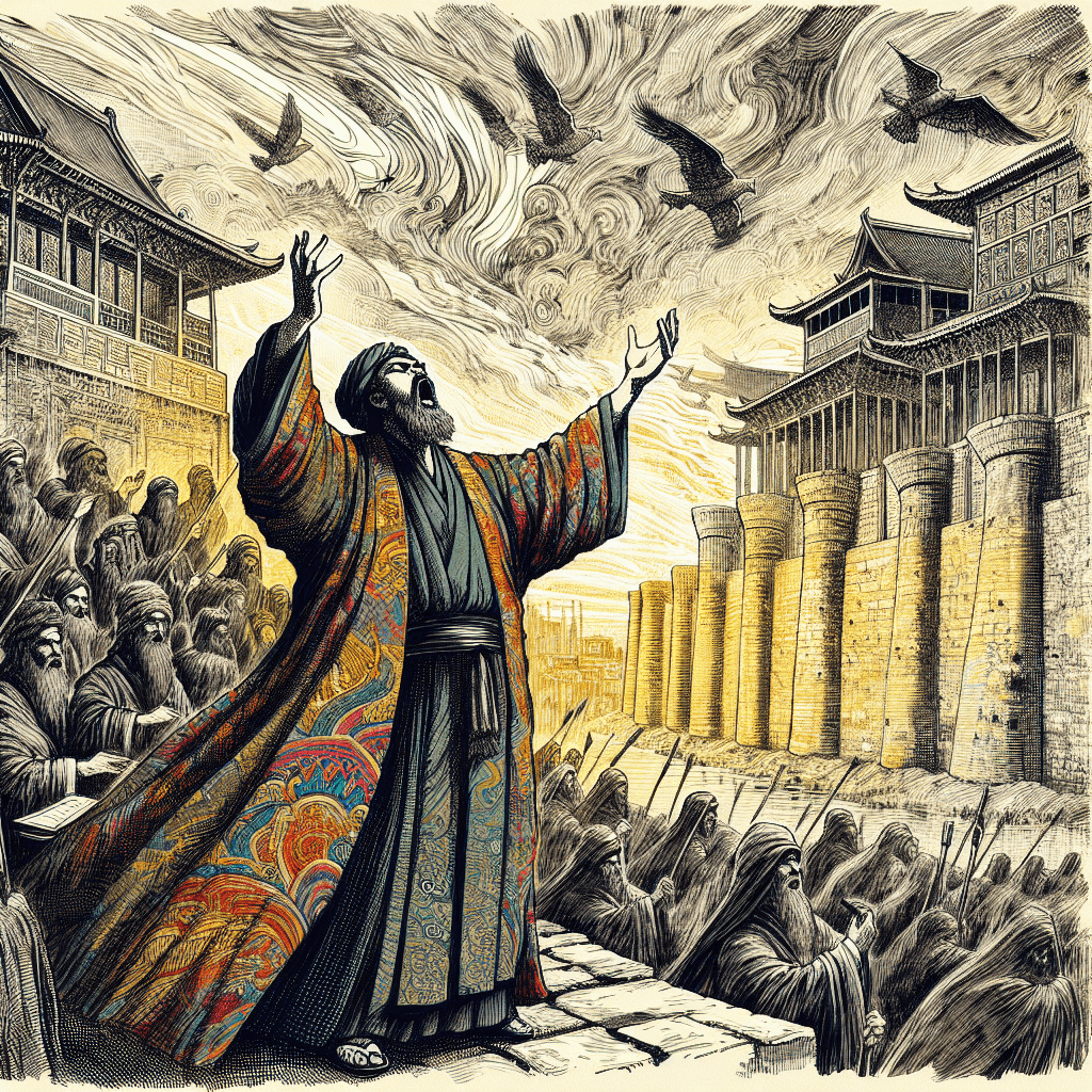 Create an image depicting Prophet Nahum prophesying the fall of Nineveh.