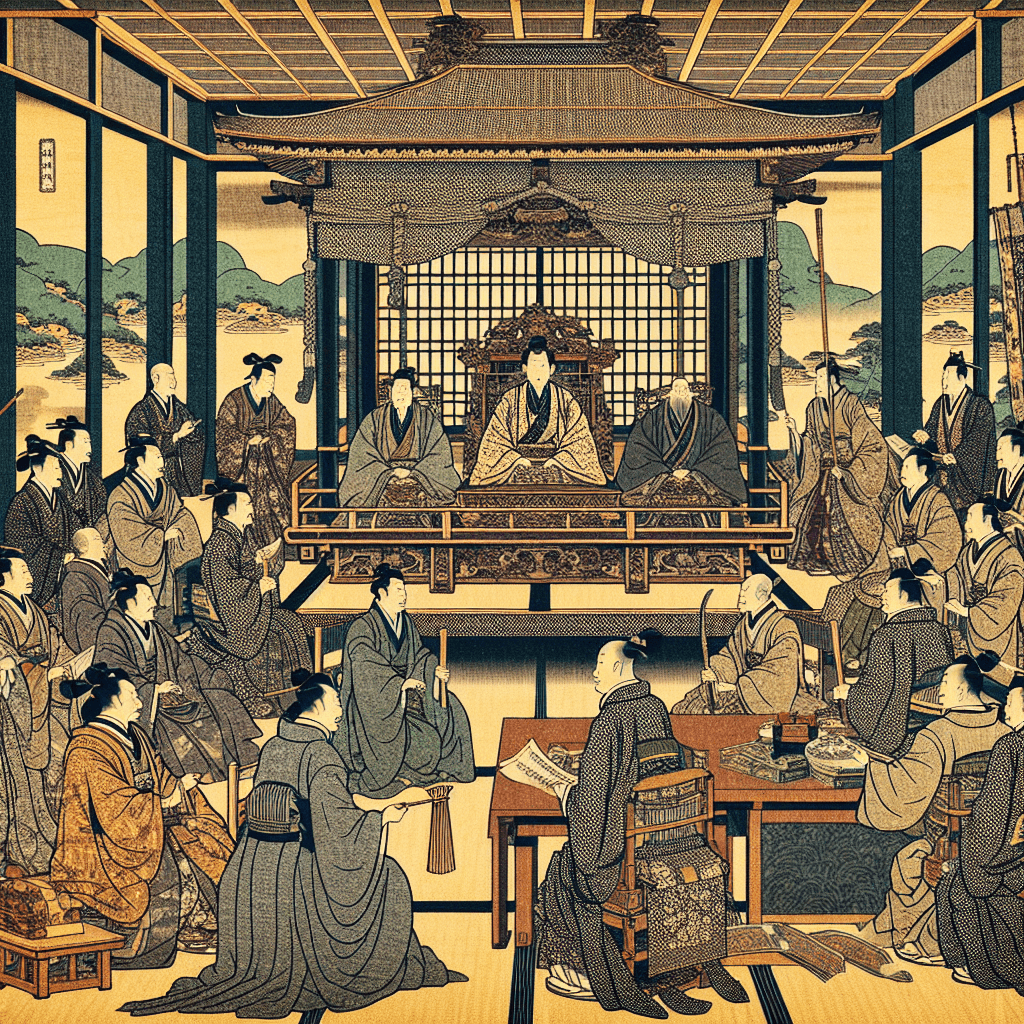 Create an image that visually represents the governance system of Feudal Japan under the Shogunate.