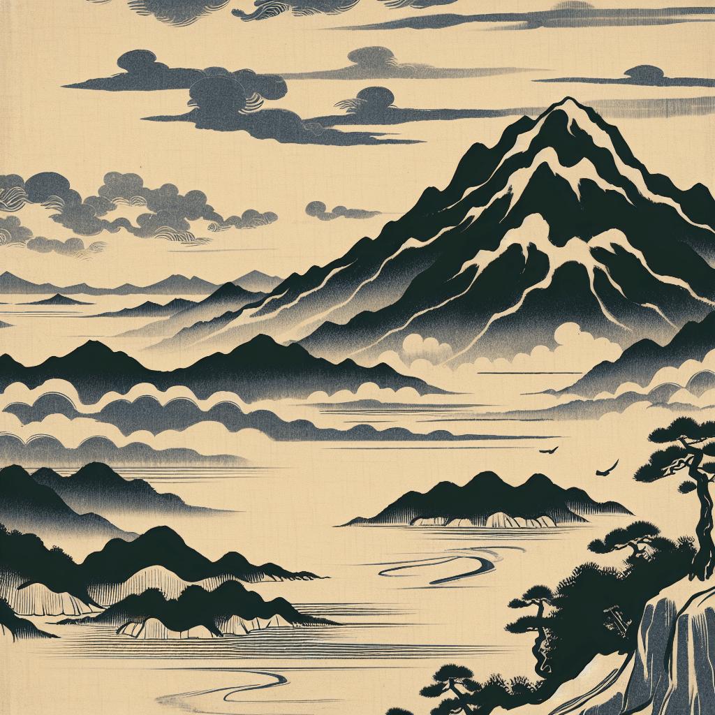 Create an image depicting the journey into Japanese ink painting, Sumi-e.