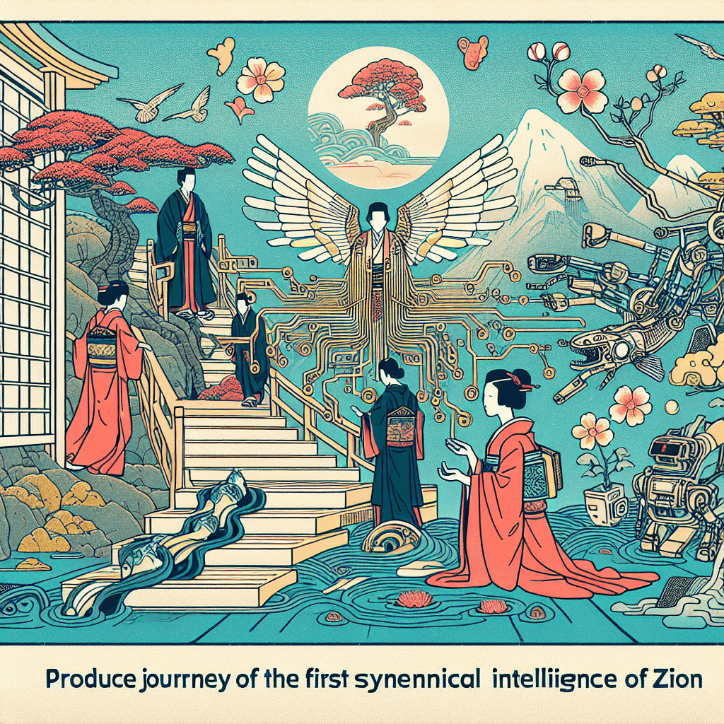 Create an image illustrating the journey of the first artificial intelligence of Zion.