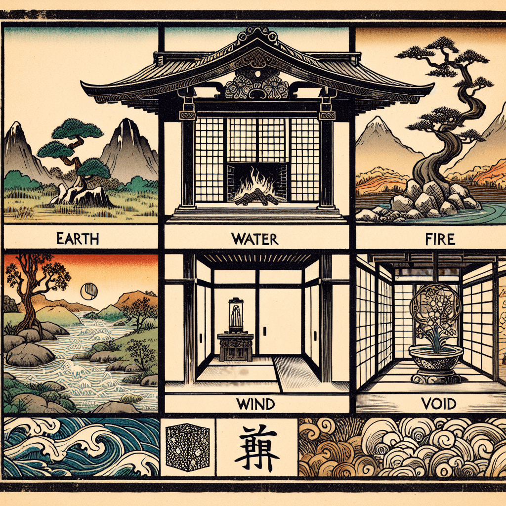 Design an image that portrays the harmony between the five elements of Godai (Earth, Water, Fire, Wind, and Void) in Japanese architecture.