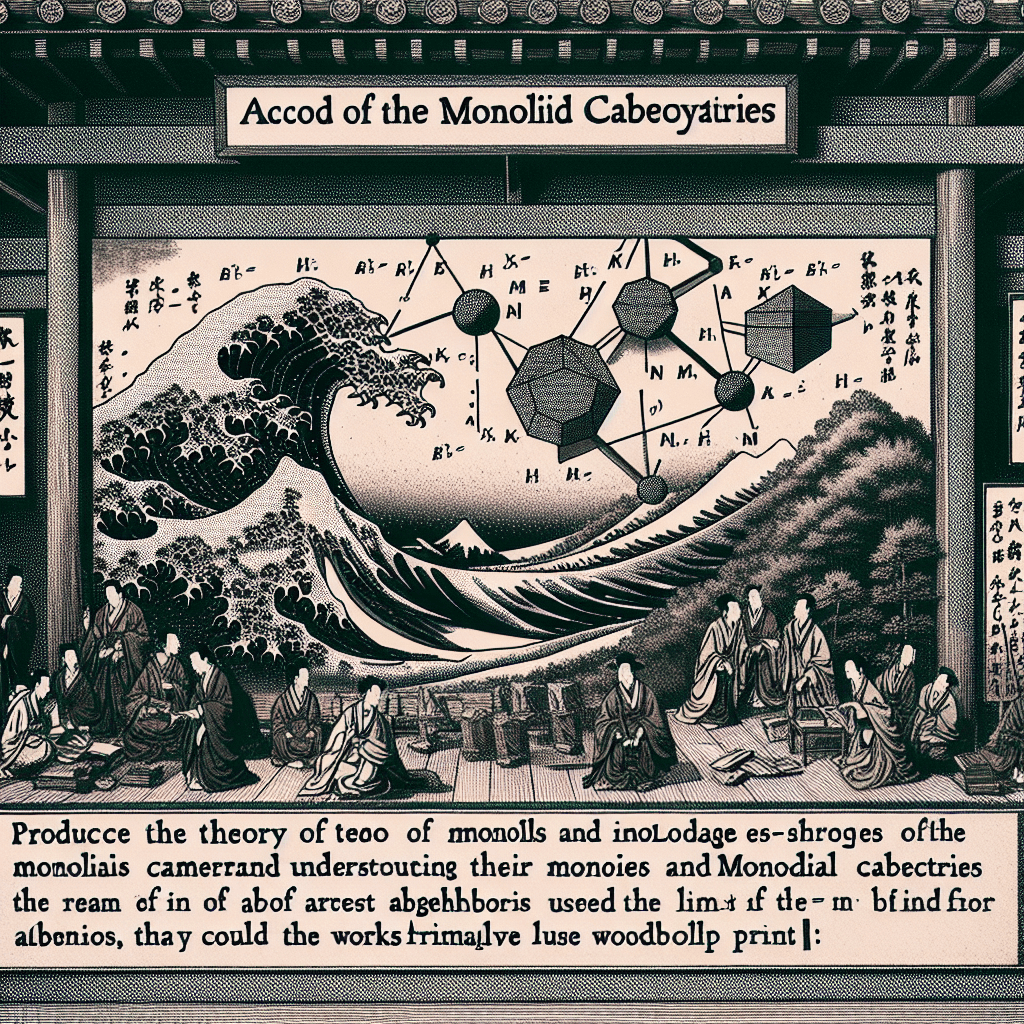 Create an image illustrating the concept of monoids and monoidal categories, highlighting their structures and relationships within abstract algebra.