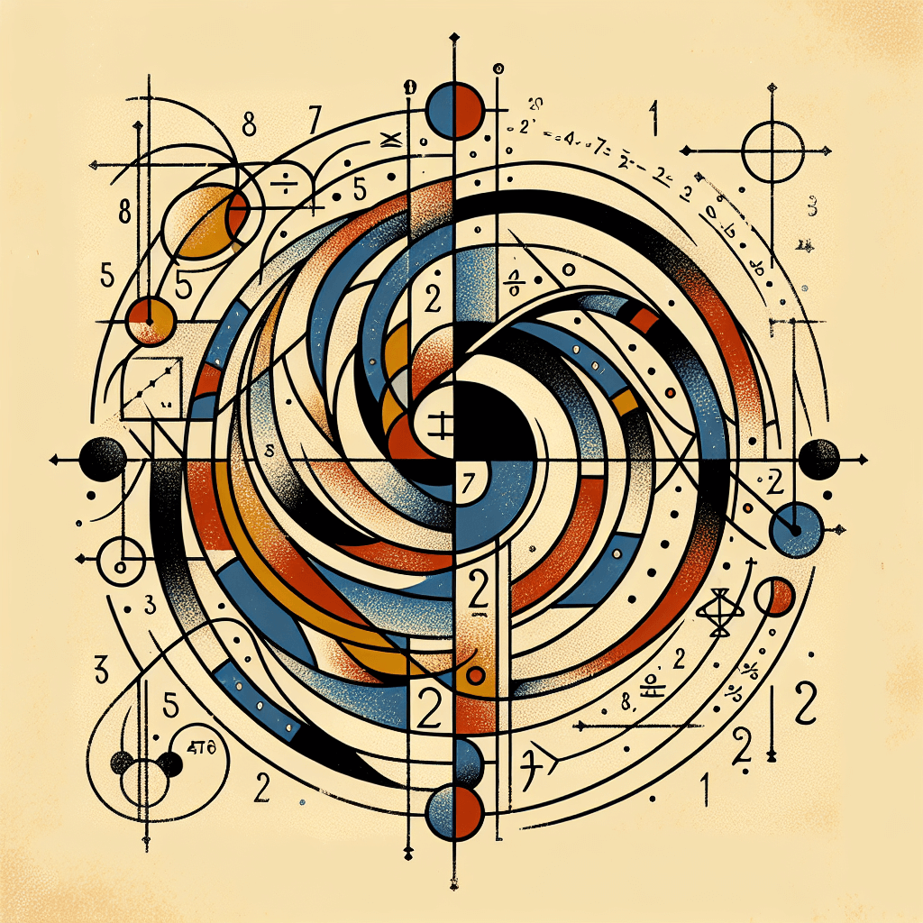 Create an image that visually represents the foundational principles of mathematics, incorporating symbols like numbers, geometric shapes, and equations interconnected in a harmonious and abstract design.