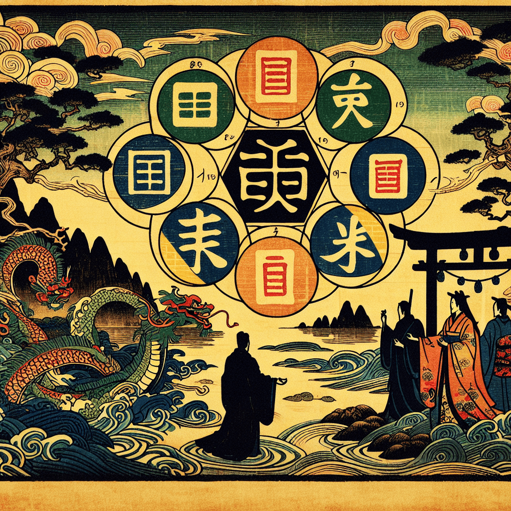 Create an image that depicts the exploration of the mysteries of the first eight hexagrams of I-Ching.