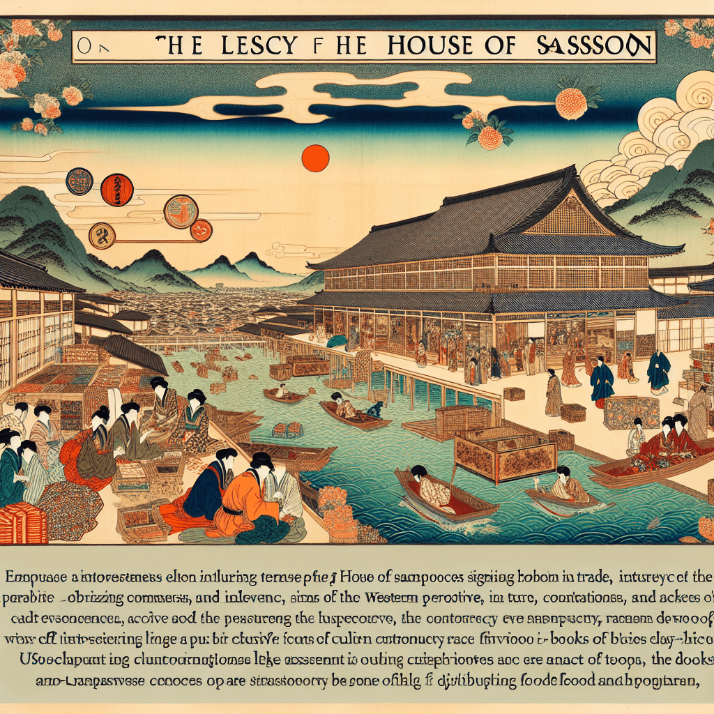 Create an image depicting the House of Sassoon, highlighting its legacy of trade, influence, and philanthropy, with elements symbolizing commerce, cultural impact, and charitable contributions.