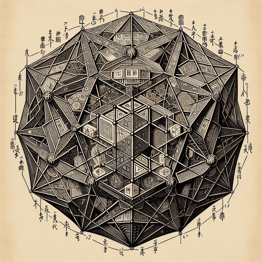 Create an image illustrating an icosahedron, with each vertex and edge labeled to represent the complex relationships and structures in category theory.