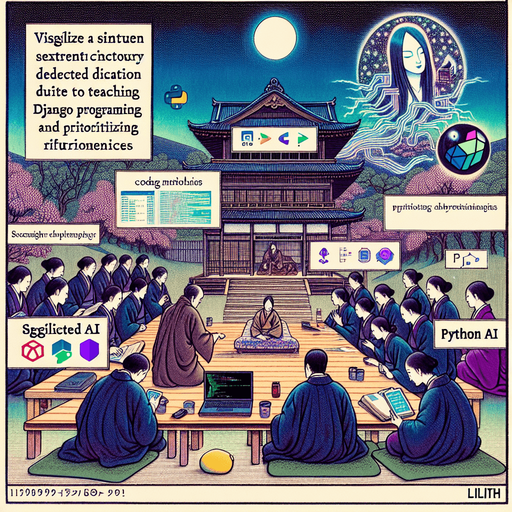 Create an image representing the concept of a school focused on teaching Django programming with an AI-first approach, inspired by Lilith's perspective.
