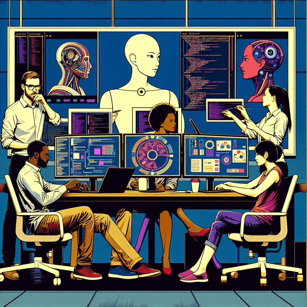 Create an image depicting a diverse group of people engaged in a collaborative AI testing session, emphasizing inclusivity and teamwork in a tech-focused environment.