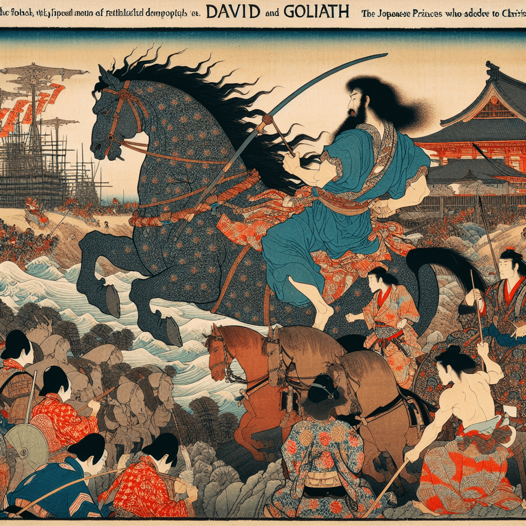 Illustrate a scene from the story of David and Goliath, emphasizing themes of faith and courage, with a unique twist featuring Christian Japanese princes.
