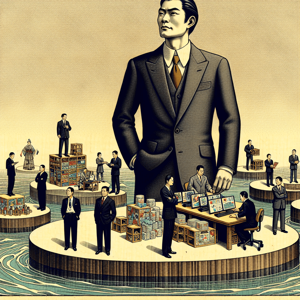 Create an image depicting Hiroshi Mikitani and the various business units of Rakuten.