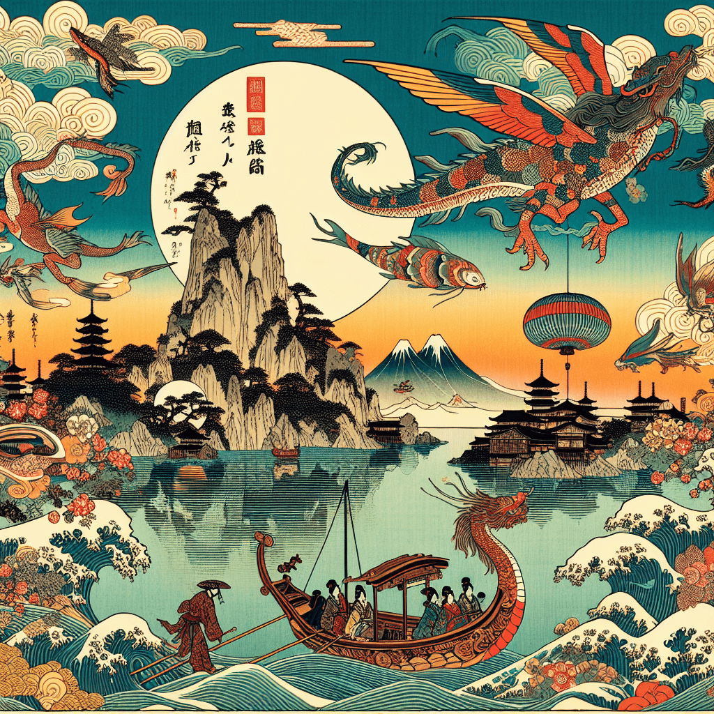 Create an image that represents the Floating World of Ukiyo-E, showcasing the essence of Japanese Art.