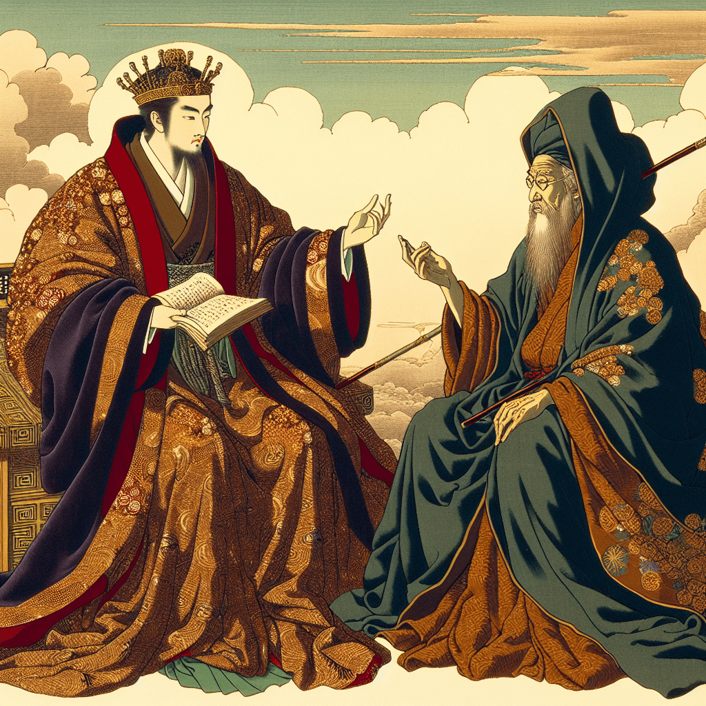 Create an image depicting the interaction between King Jehoram and Prophet Elisha, illustrating the dynamics between kings and prophets.