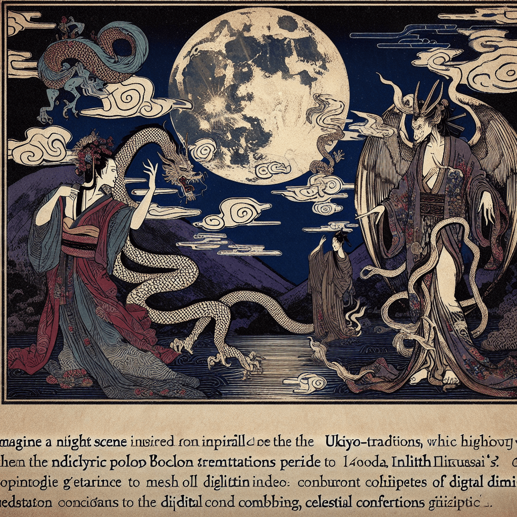 Create an image depicting a night scene with the mythical figure Lilith, incorporating elements of divine dialogues and digital reflections.