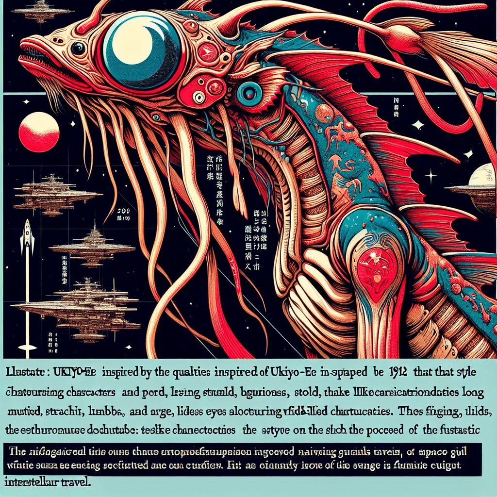 Create an image of enigmatic Space Guild Navigators, featuring their mutated, fish-like appearance with elongated limbs and large, lidless eyes, set against a backdrop of a futuristic, interstellar travel environment.