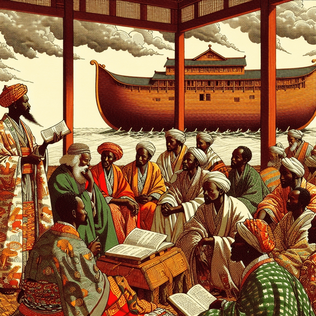 Illustrate a scene where Ethiopian princes, descendants of Solomon, are being narrated the story of Noah's Ark.