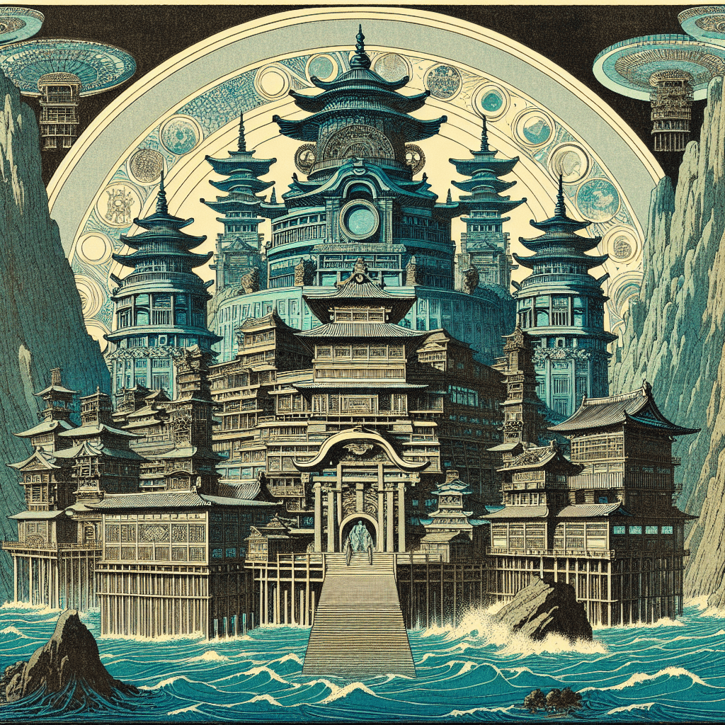 Create an image that represents the legendary civilizations of Lemuria and Atlantis and their influence on modern thought.