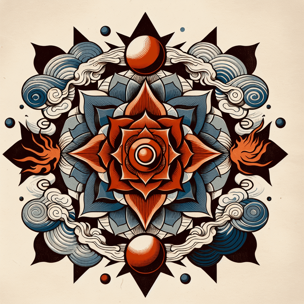 Create an image depicting the Root Chakra (Muladhara) symbol, emphasizing themes of grounding and survival power, with earthy tones and elements that evoke stability and security.