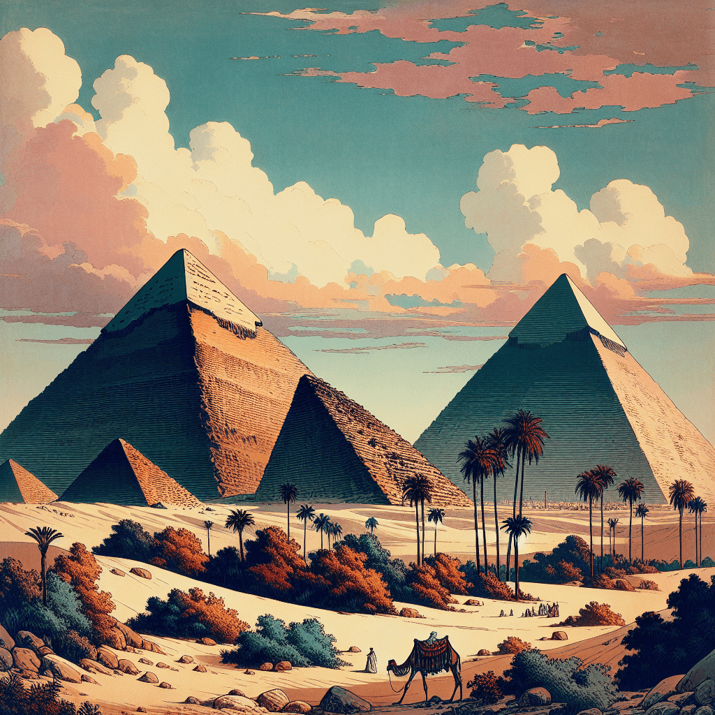 Create an image that captures the grandeur and enduring legacy of the Pyramids of Giza.