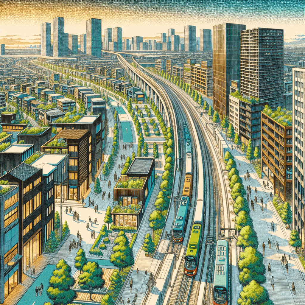 Create an image depicting a vibrant, revitalized urban neighborhood with modern architecture, green spaces, and community-friendly amenities, all situated along a bustling railway track.