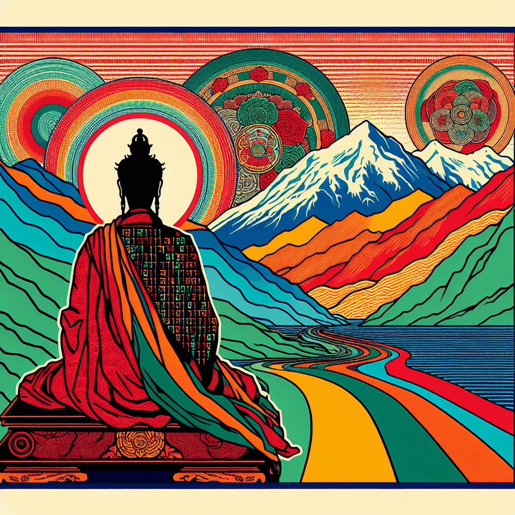 Create an image that represents the Dalai Lama's journey to enlightenment, incorporating elements of AI and the concept of RAG (Red, Amber, Green).