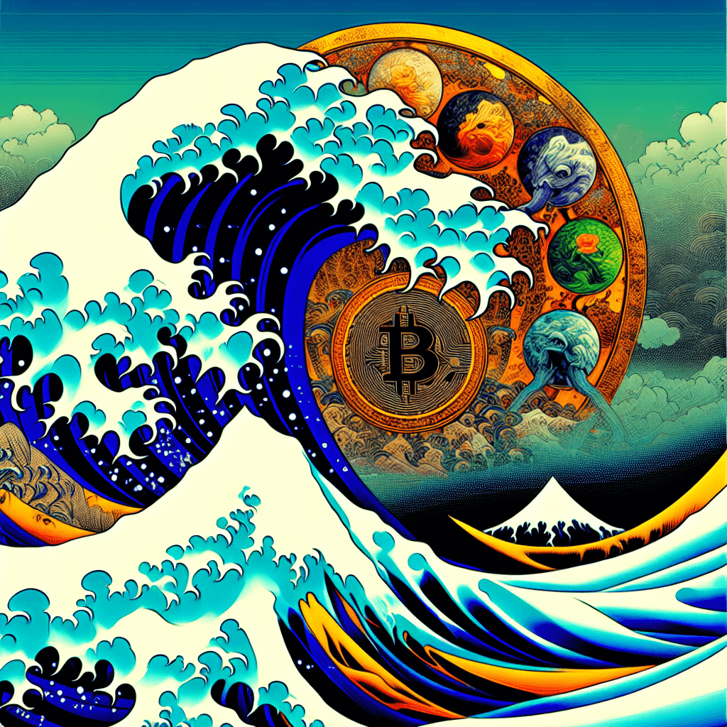 Create an image that represents the interpretation of the cryptocurrency market through the concept of the five elemental forces of Godai.