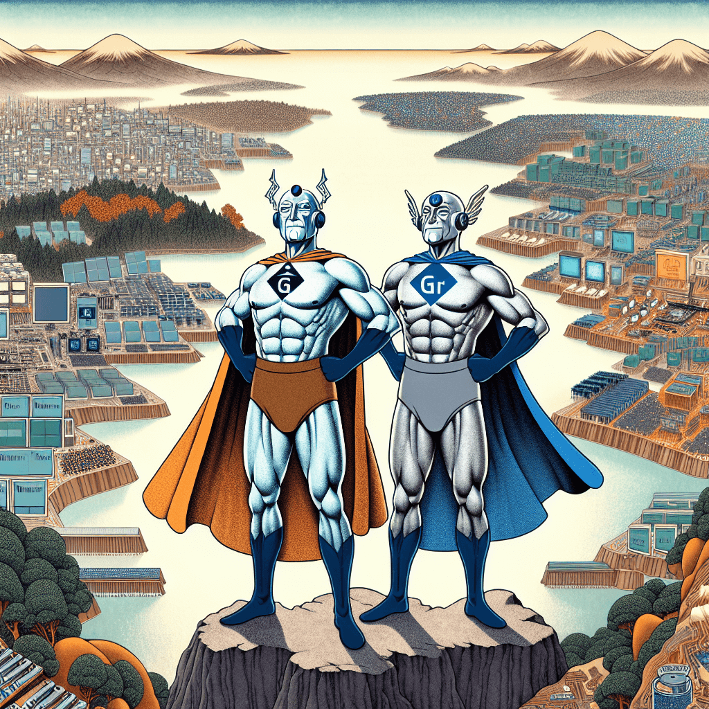 Create an image depicting Gallium and Germanium as superheroes in the context of semiconductor technology.