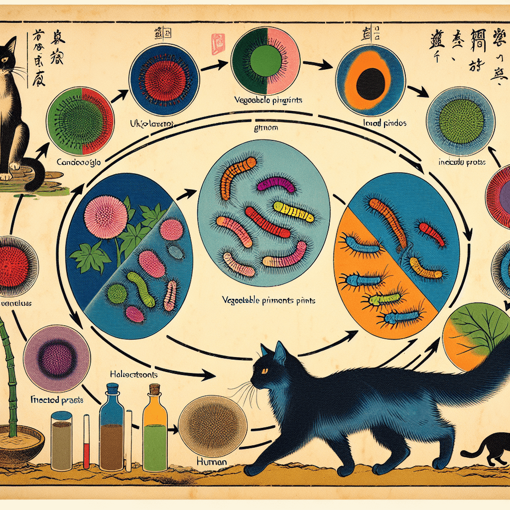 Create an image depicting the lifecycle of *Toxoplasma gondii*, highlighting the crucial role of cats as hosts in this process.