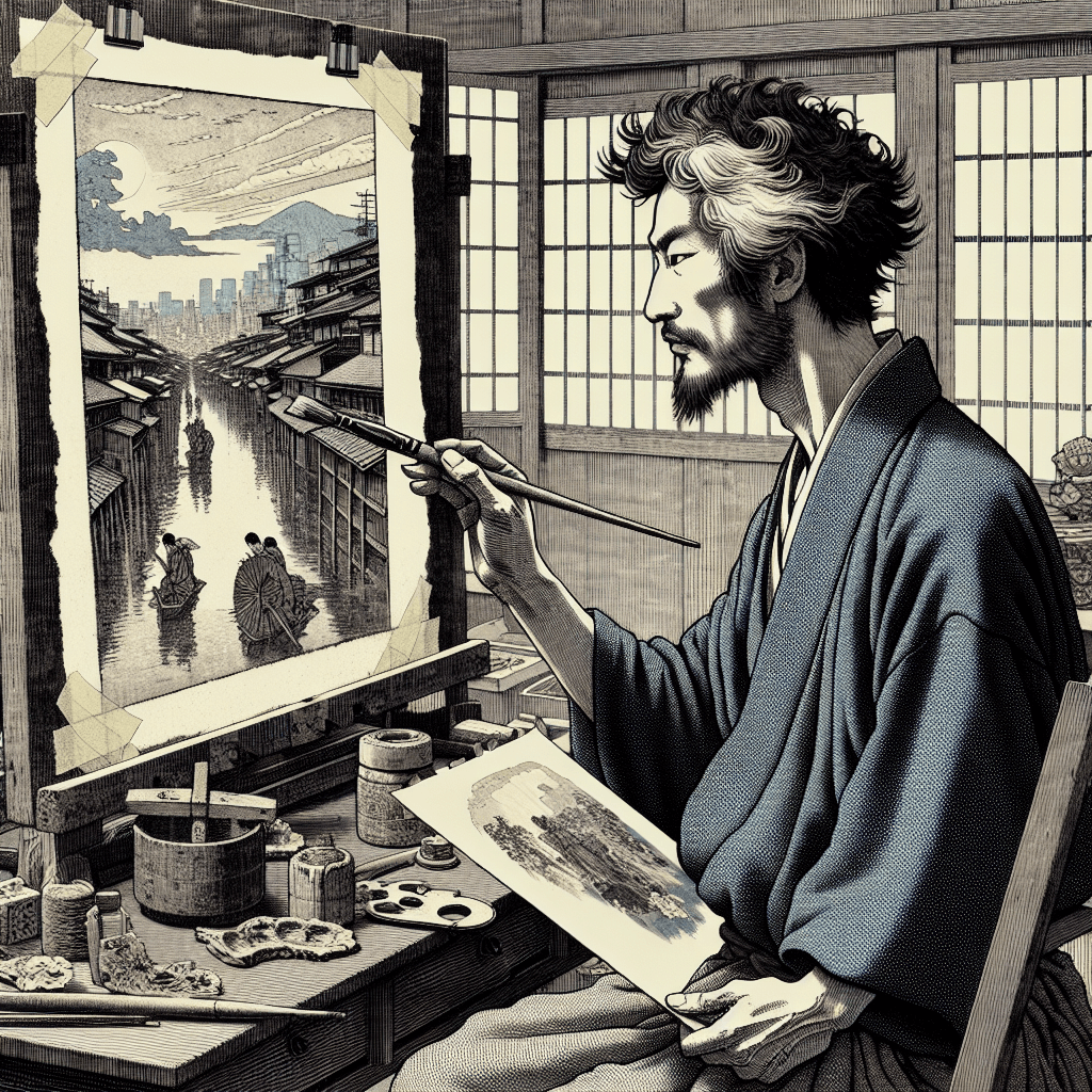 Create an image that portrays Hokusai as a master artist and a keen observer of life.