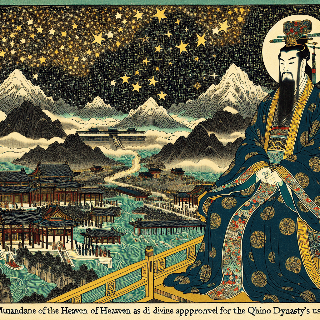 Create an image depicting the Qin Dynasty's unification of China, focusing on the concept of the Mandate of Heaven as a divine approval for the emperor's rule, symbolized by celestial imagery and the emperor's dominance over a unified Chinese landscape.