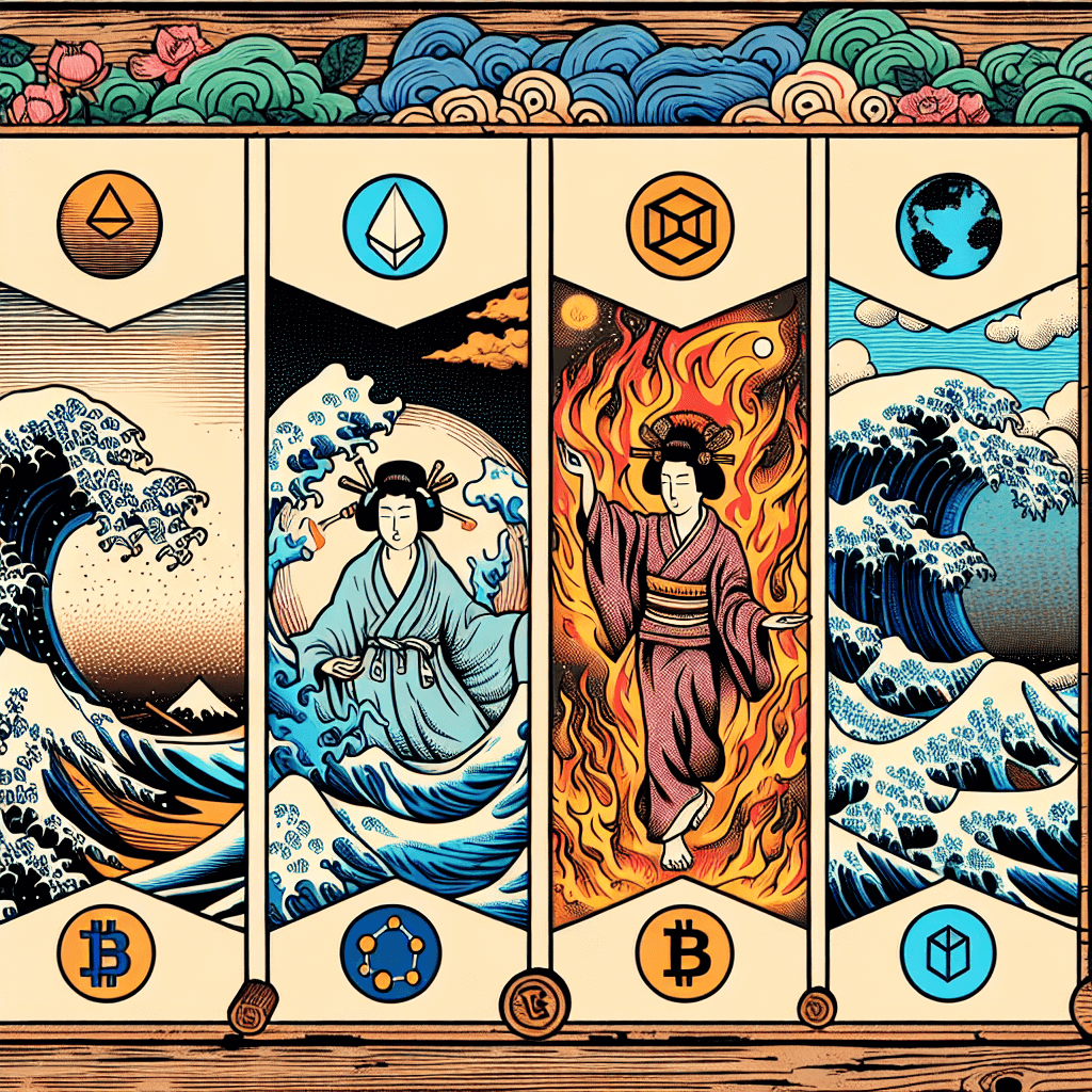 Create an image that depicts the integration of the five Godai elements (Earth, Water, Fire, Wind, Void) with cryptocurrency, representing a journey of content creation.