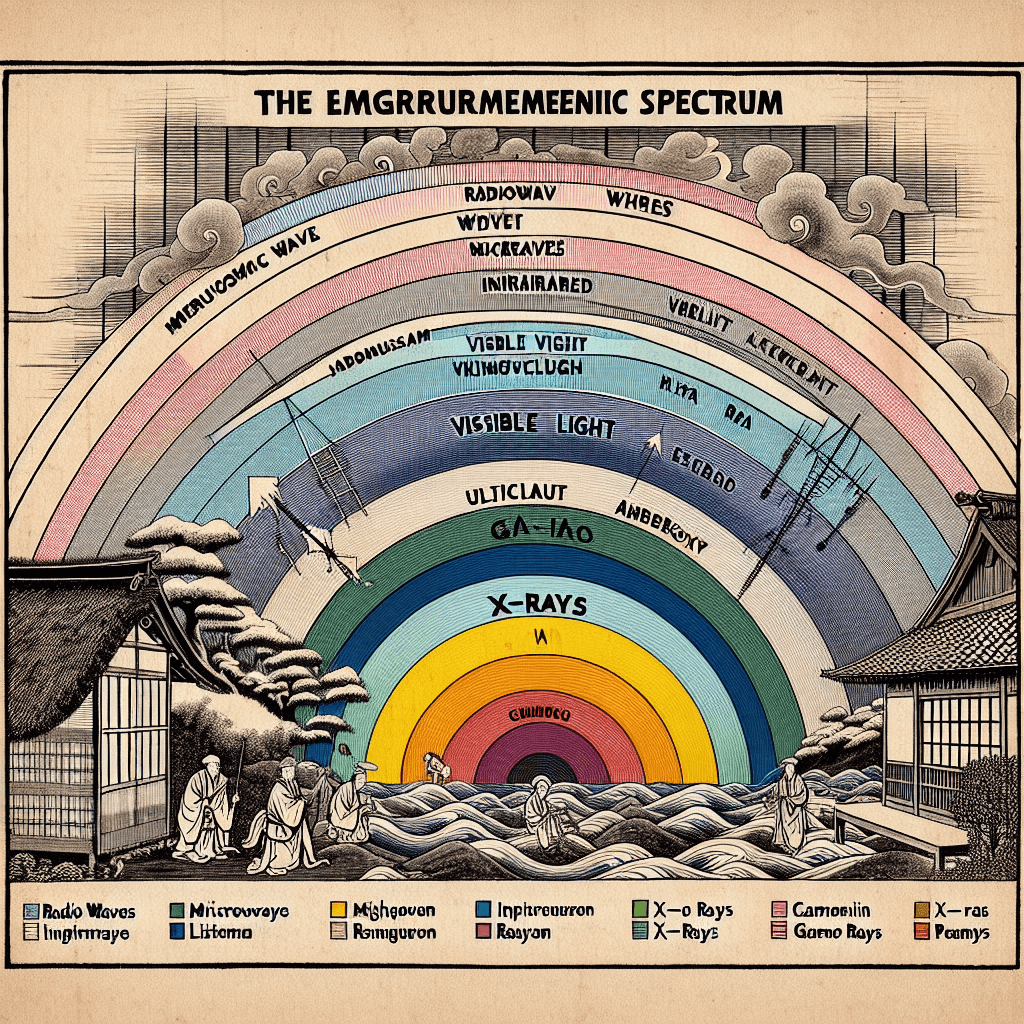 Create an image representing the electromagnetic spectrum, highlighting various segments such as radio waves, microwaves, infrared, visible light, ultraviolet, X-rays, and gamma rays, with emphasis on their unique characteristics and applications.